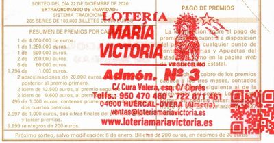 Reverso del d&eacute;cimo 46621 con el sello de la Administraci&oacute;n n&ordm; 3 &laquo;Loter&iacute;a Mar&iacute;a Victoria&raquo;, en Hu&eacute;rcal-Overa